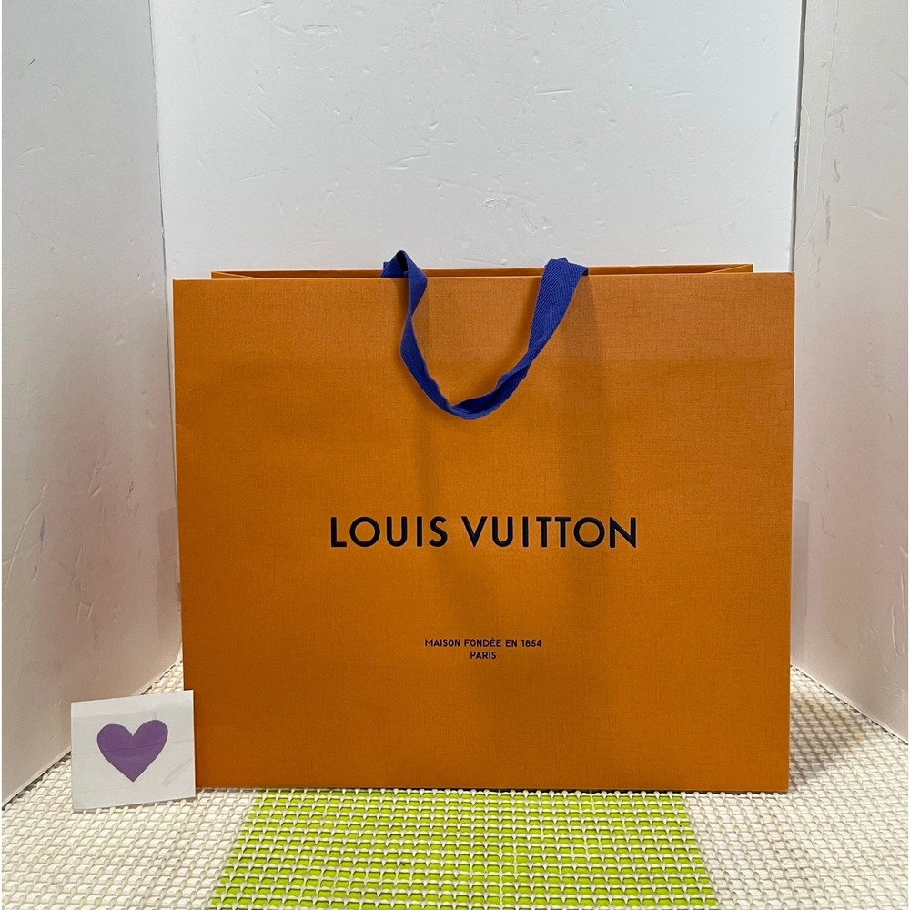 Louis Vuitton Medium Saffron Orange Paper Shopping Gift Bag Blue Handles EUC